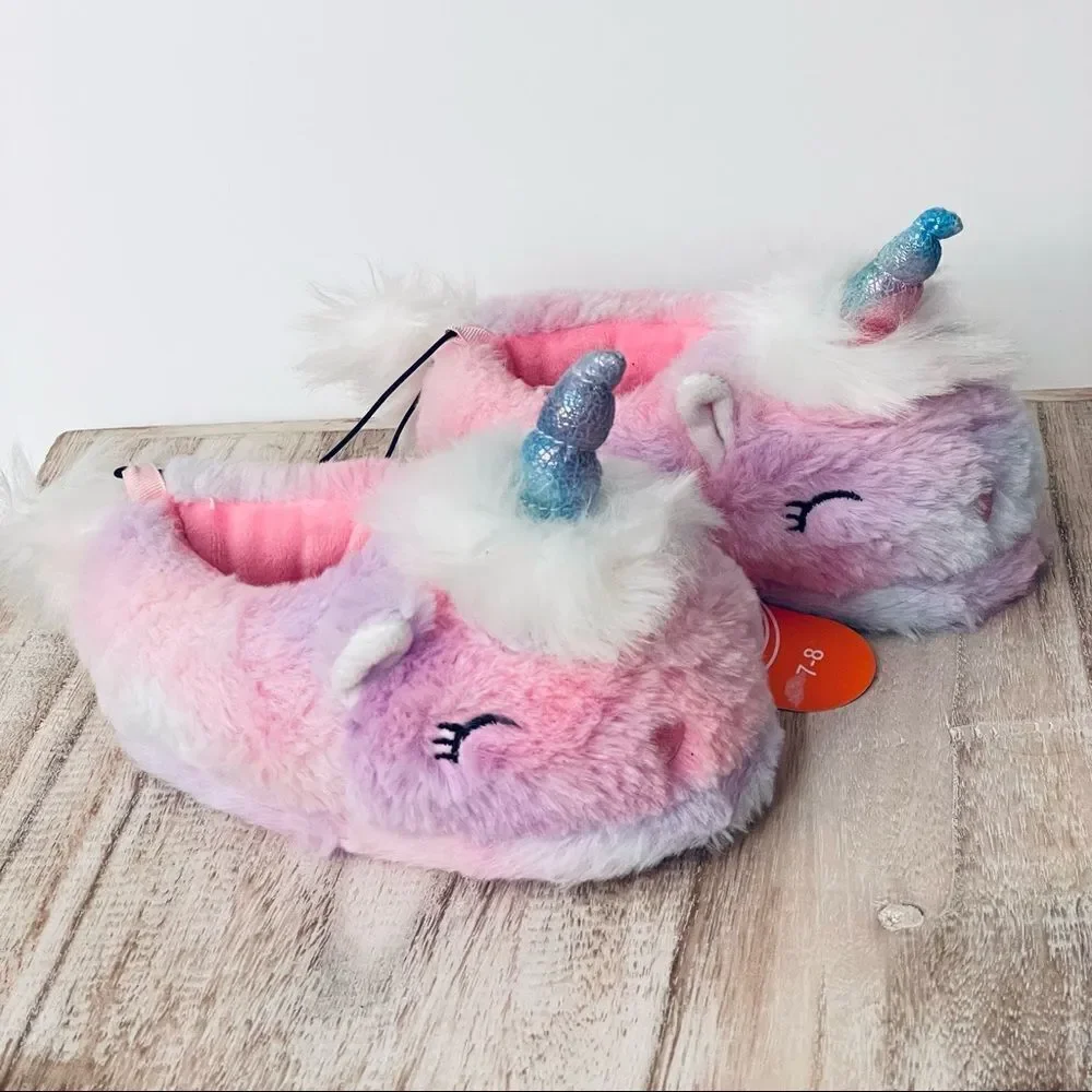 NWT Wonder Nation Pink,Lilac,Blue Toddler Girl Plush Unicorn Slippers Ruber Sole